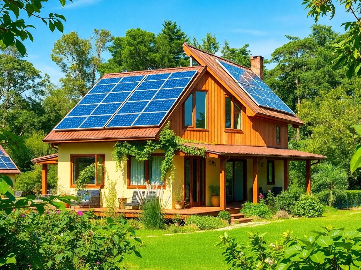 Casa ecologică cu plante și panouri solare.