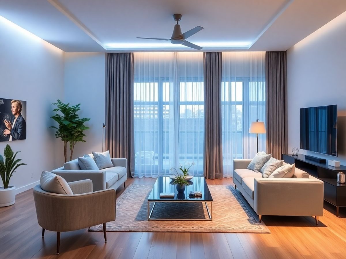 Cameră de zi modernă cu dispozitive smart acasă.