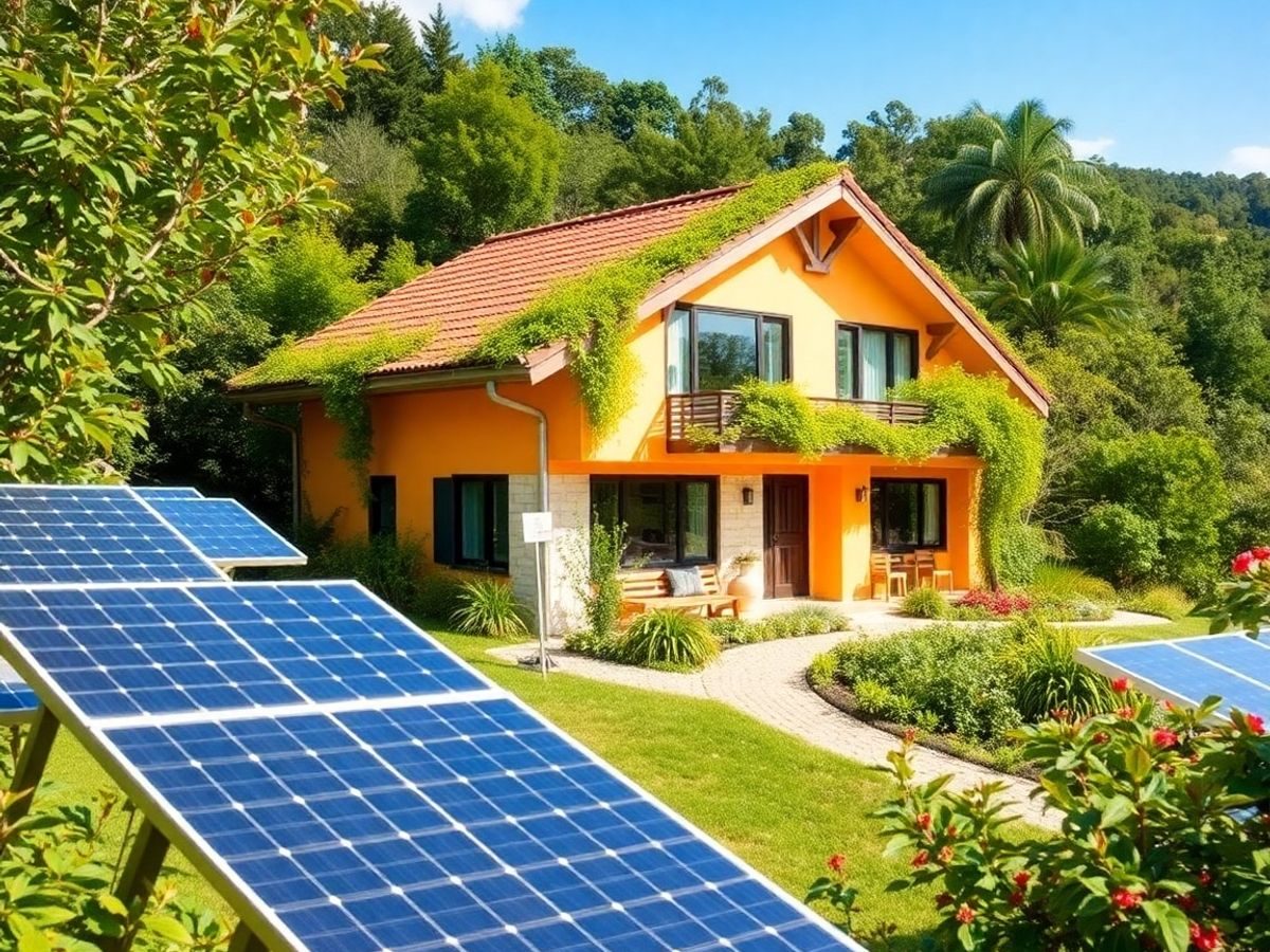 Casă ecologică înconjurată de natură verde și soare.