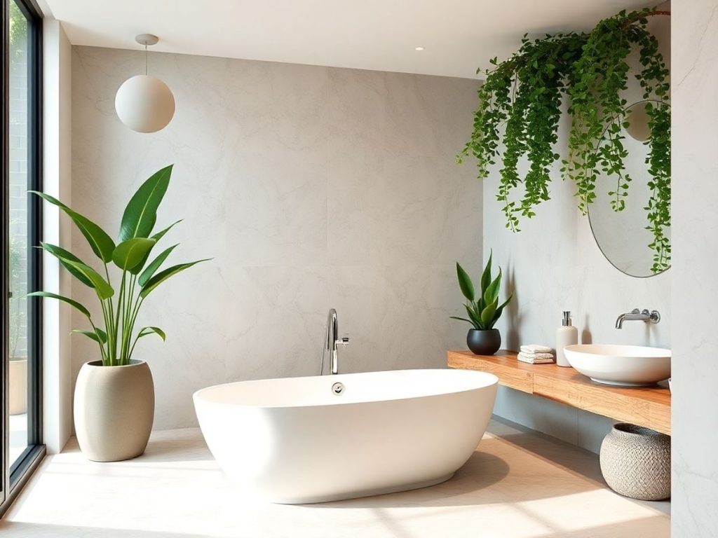 Inovații în design bai: Cum să transformi spațiul tău în oază de relaxare 2 Baie modernă cu plante, lumină caldă și atmosferă relaxantă.