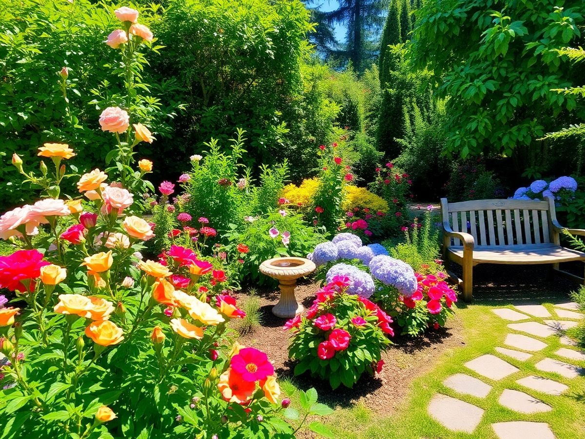 Grădină luxuriantă cu flori colorate și alei sinuoase.