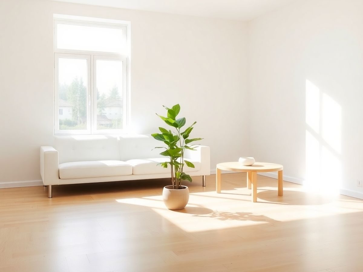 Cameră minimalistă luminoasă, cu mobilier simplu, curat.