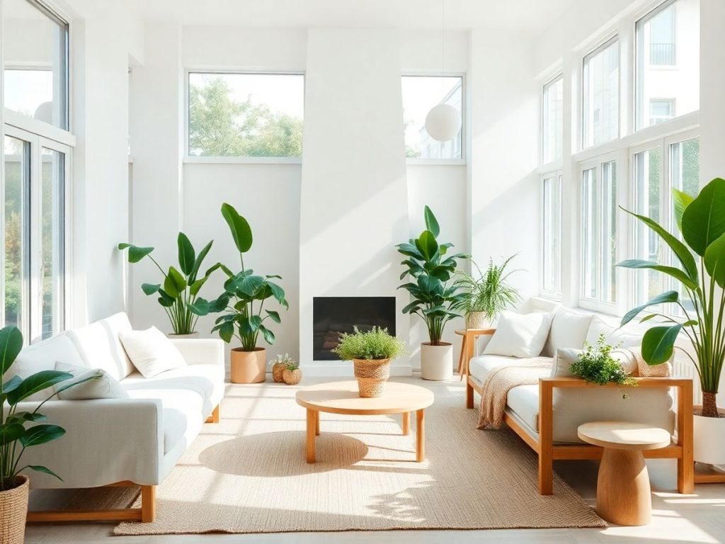 Tendințe în design eco chic pentru 2025: Cum să-ți transformi casa într-un sanctuar sustenabil 1 Interior casă cu plante și materiale naturale