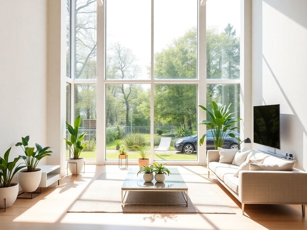 Interior luminos, minimalist, cu mobilier modern și plante.