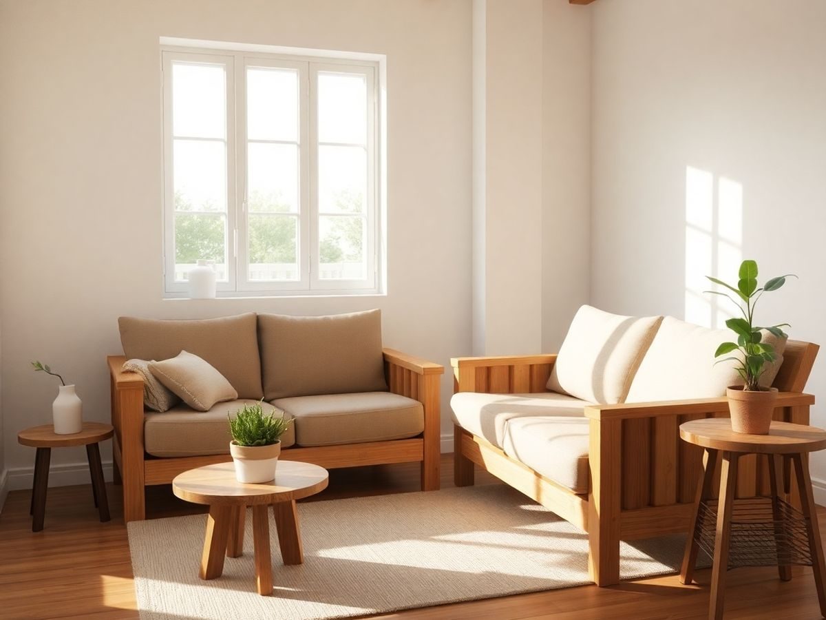 Mobilier ecologic din lemn natural într-o cameră luminoasă.