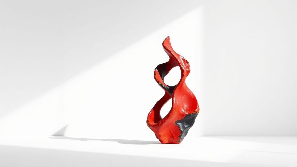 Design prin contrast – cum obții armonie vizuală din elemente complet diferite 1 Contrast vizual: sculptură abstractă vibrantă pe fundal minimalist.