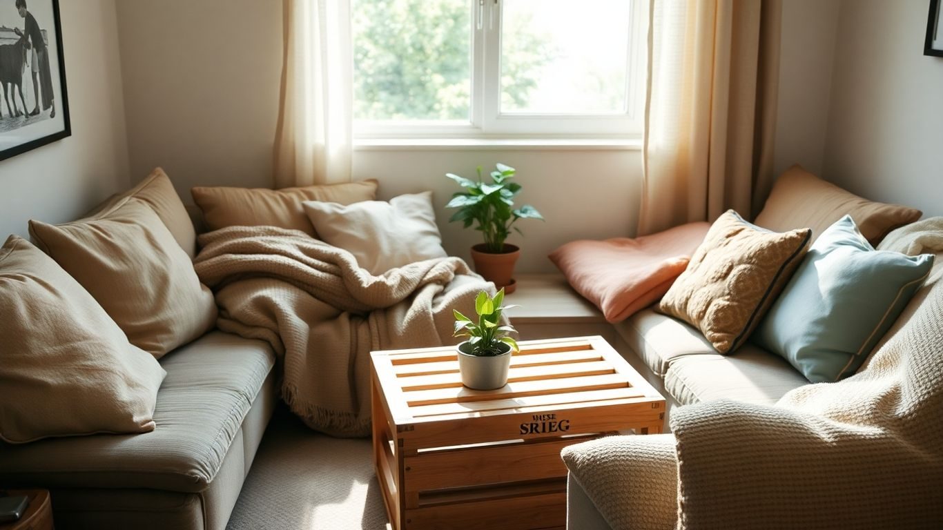 Colț relaxant cu perne, pătură și plantă verde în casă.