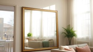 Oglindă într-o cameră luminoasă, mărind spațiul.